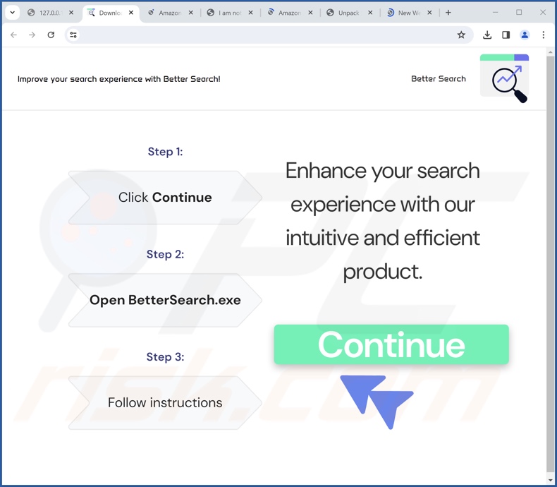 Screenshot van een website die het installatieprogramma promoot dat wordt gebruikt om finderssearching[.]com in de browser te injecteren
