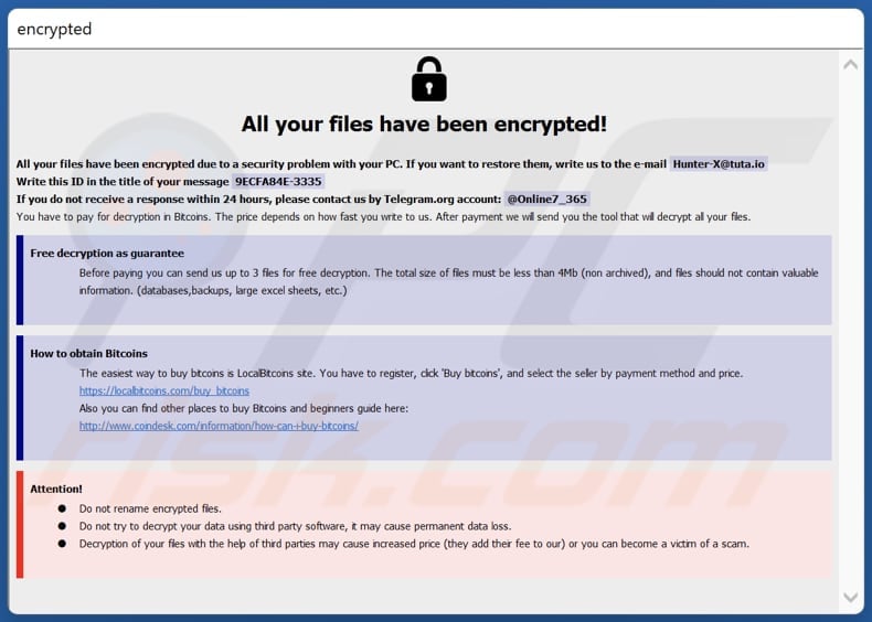 HUNTER ransomware pop-up met losgeldbriefje (info.hta)