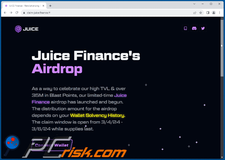 Weergave van de Juice Finance's Airdrop scam (GIF)