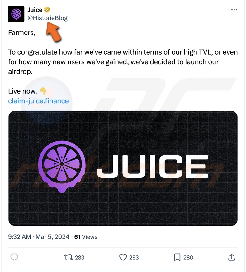 Juice Finance's Airdrop oplichting gepromoot op X (Twitter)