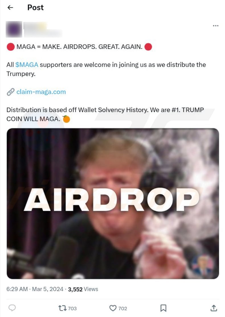 MAGA Airdrop bedrog ter promotie van X (Twitter) bericht
