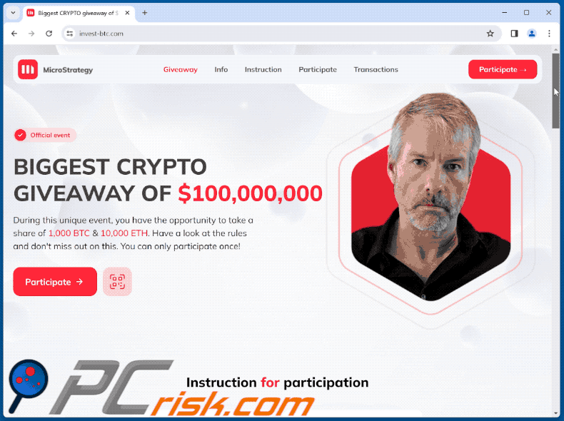 Verschijning van MicroStrategy Crypto Giveaway oplichterij (GIF)