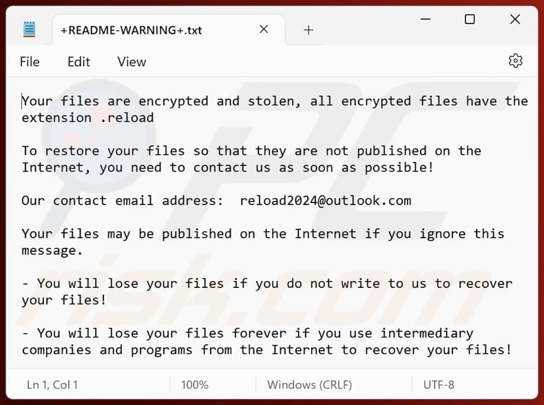 Reload ransomware tekstbestand (+README-WARNING+.txt)