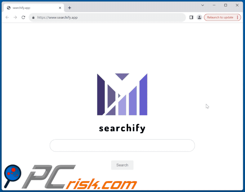 Verschijning van Searchify PUA promoot de searchify.app-website die doorverwijst naar Bing (GIF)