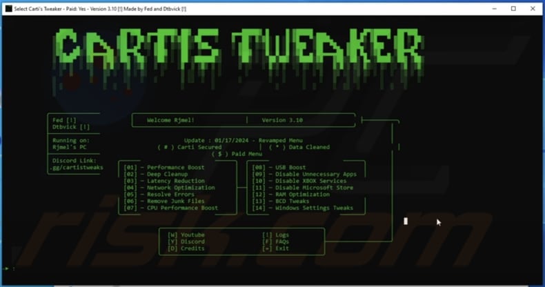Tweaks stealer beheerpaneel dat gebruikers zien