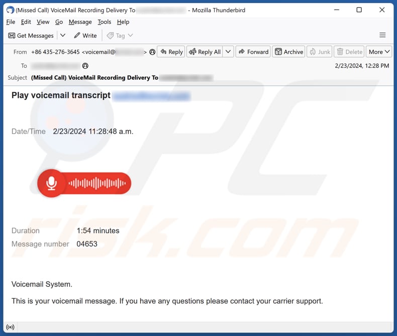 Voicemail Transcript email spam campagne