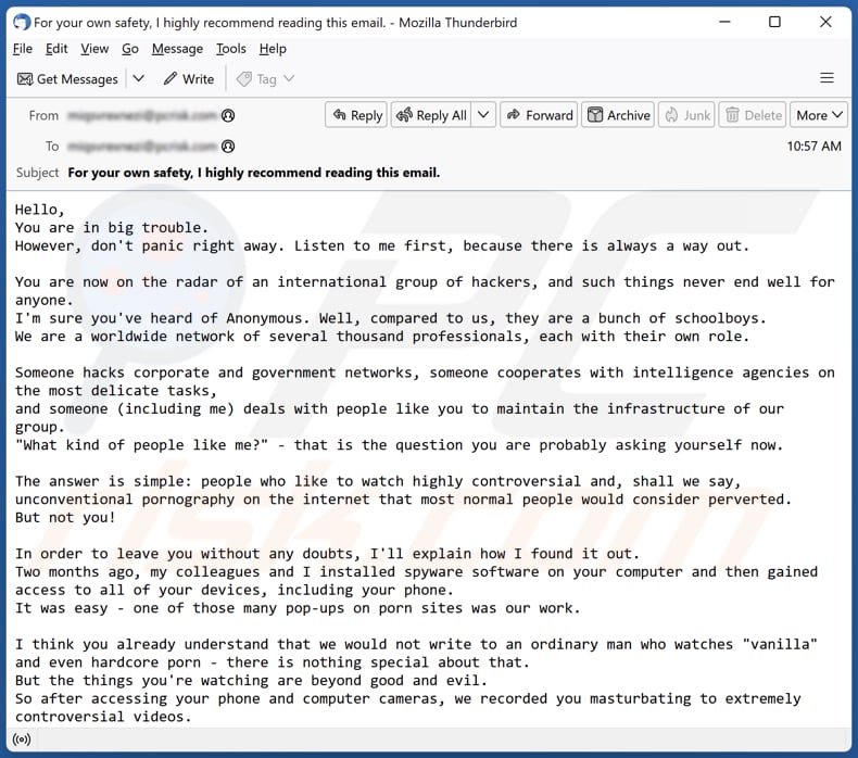 You Are Now On The Radar Of An International Group Of Hackers spam e-mailcampagne
