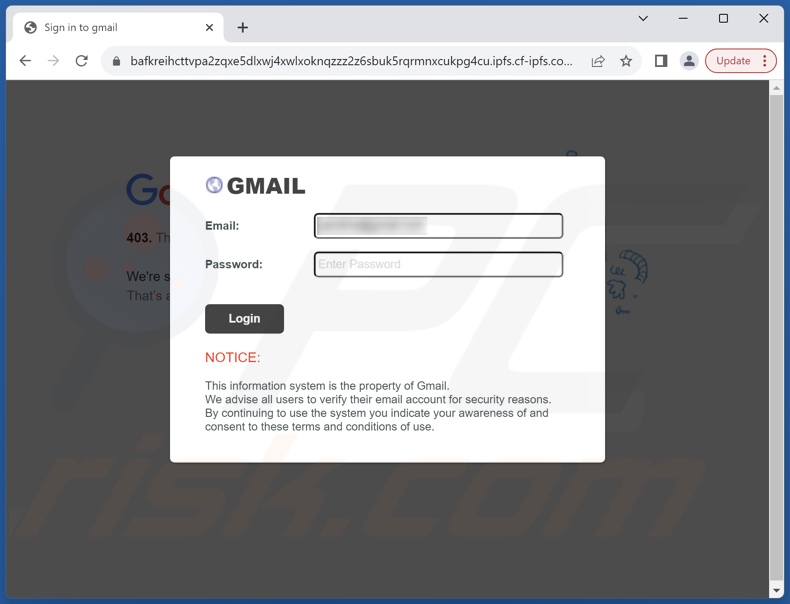 Overeenkomst Update scam e-mail gepromoot phishing site