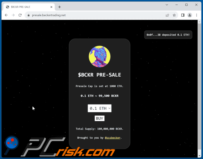 Verschijning van $BCKR PRE-SALE oplichterij (GIF)