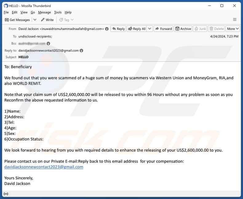 Claim Sum Release email oplichterij