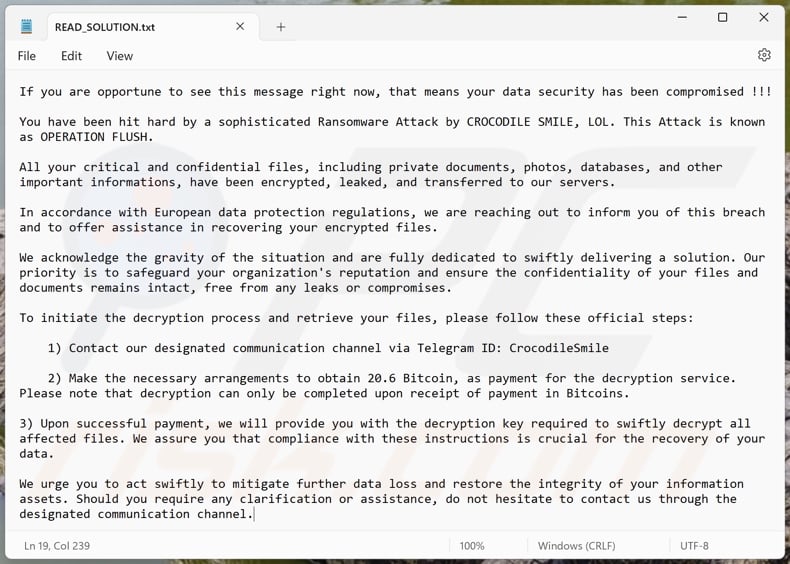 Crocodile Smile ransomware losgeldbrief (READ_SOLUTION.txt)