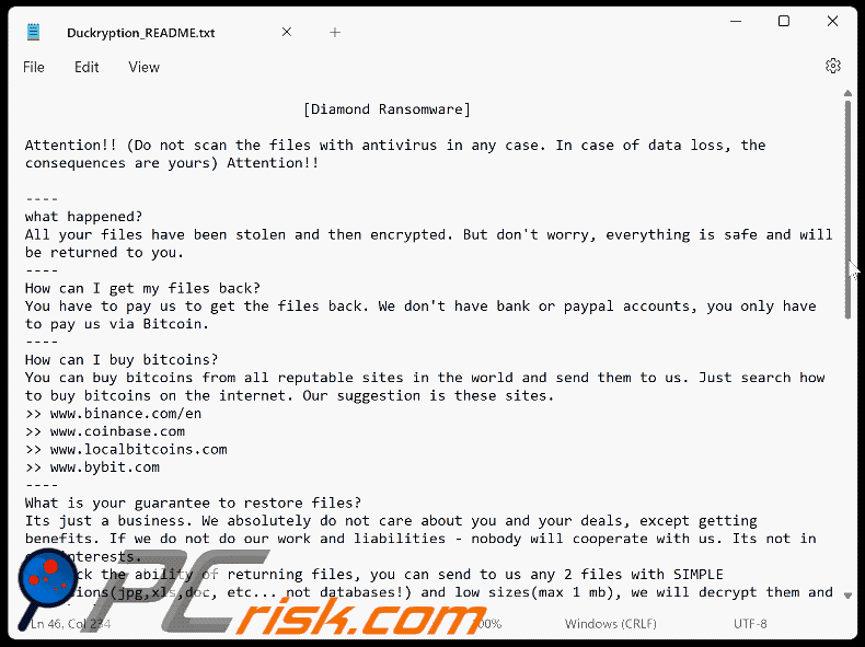 Diamond (Duckcryptor) ransomware tekstbestand (Duckryption_README.txt) GIF