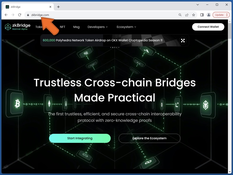 Uiterlijk van de echte zkBridge website (zkbridge.com)