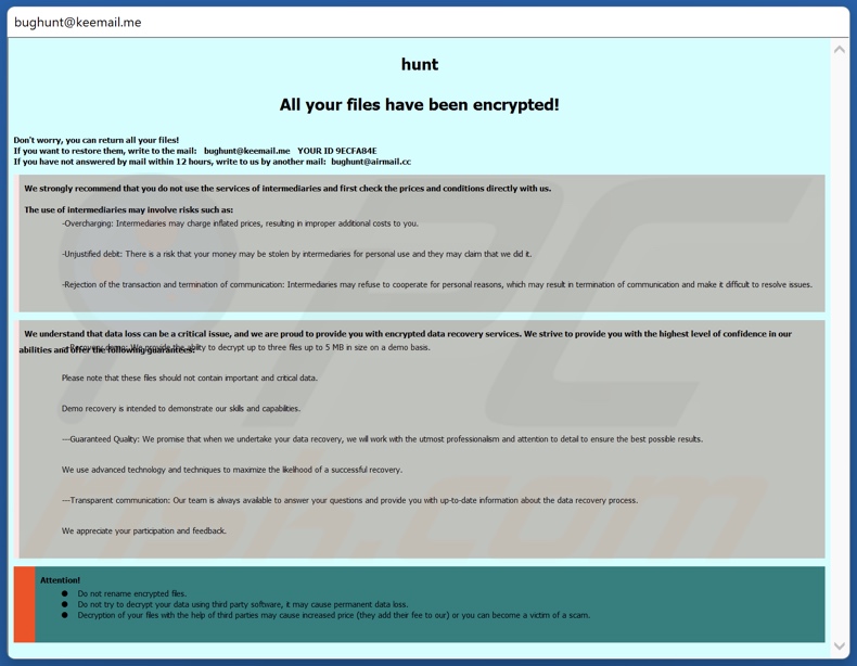 Hunt ransomware losgeldbrief (pop-up)