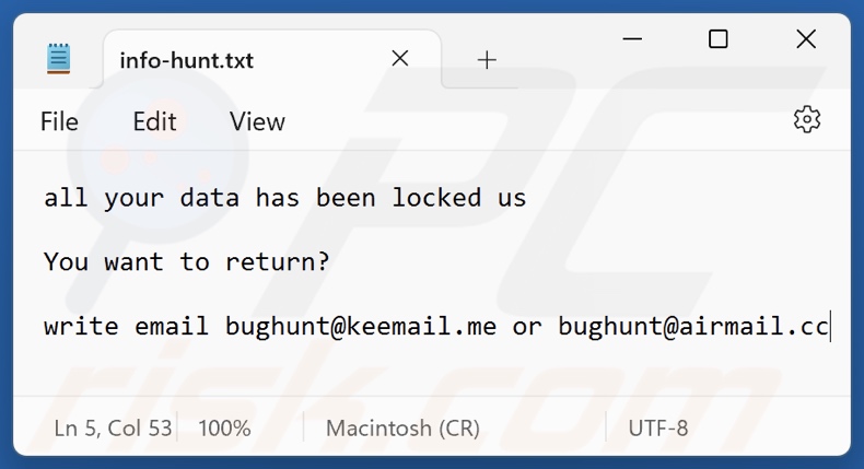 Hunt ransomware tekstbestand (info-hunt.txt)