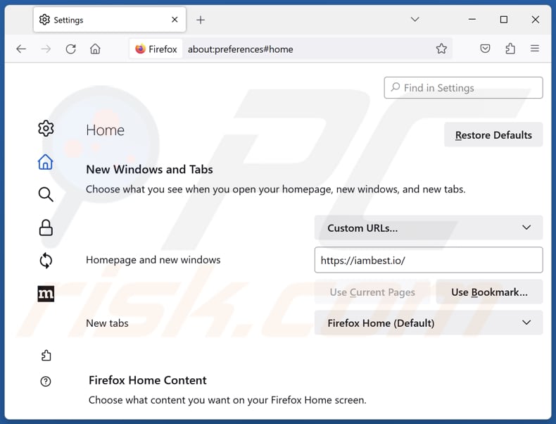 iambest.io verwijderen uit de startpagina van Mozilla Firefox