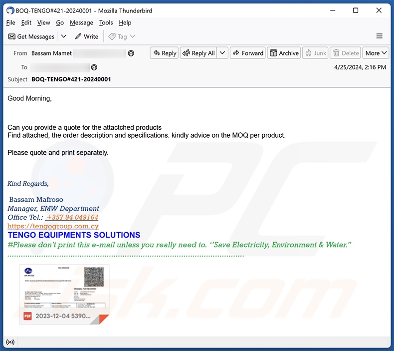 Quote For The Attached Products spam e-mailcampagne