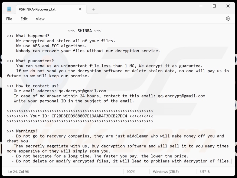 SHINRA ransomware losgeldbrief (#SHINRA-Recovery.txt)