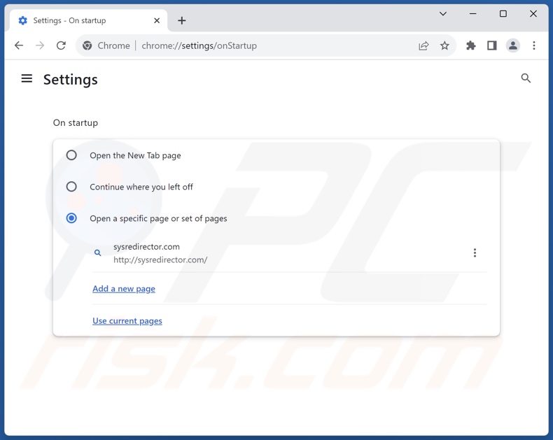 Verwijder sysredirector.com van de startpagina van Google Chrome
