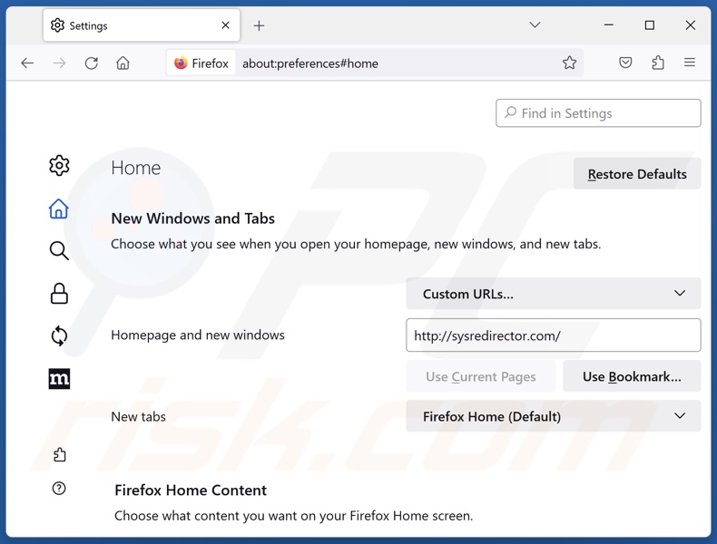 Verwijder sysredirector.com van de Mozilla Firefox-startpagina