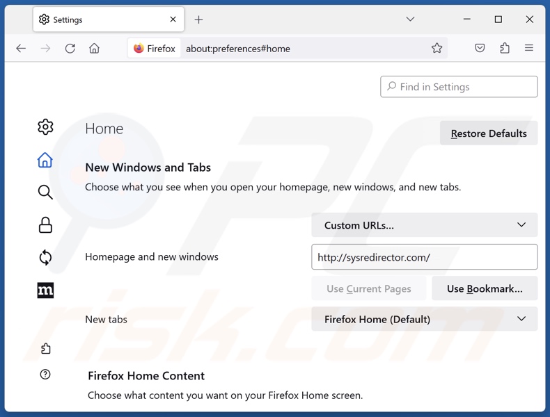 Verwijder sysredirector.com van de Mozilla Firefox-startpagina