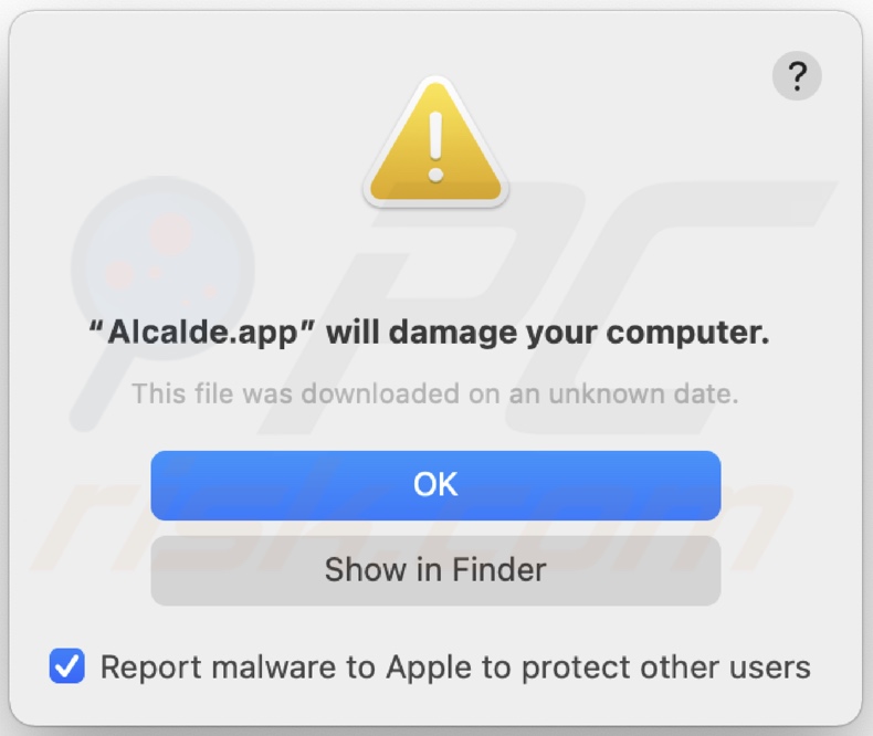 Pop-up weergegeven wanneer Alcalde.app adware is gedetecteerd op het systeem