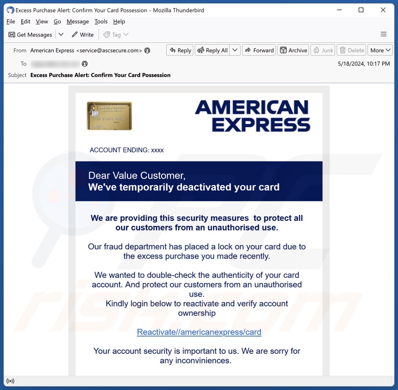 American Express Card Deactivation spam e-mailcampagne
