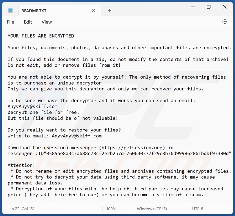 Anyv ransomware losgeldbrief (README.TXT)