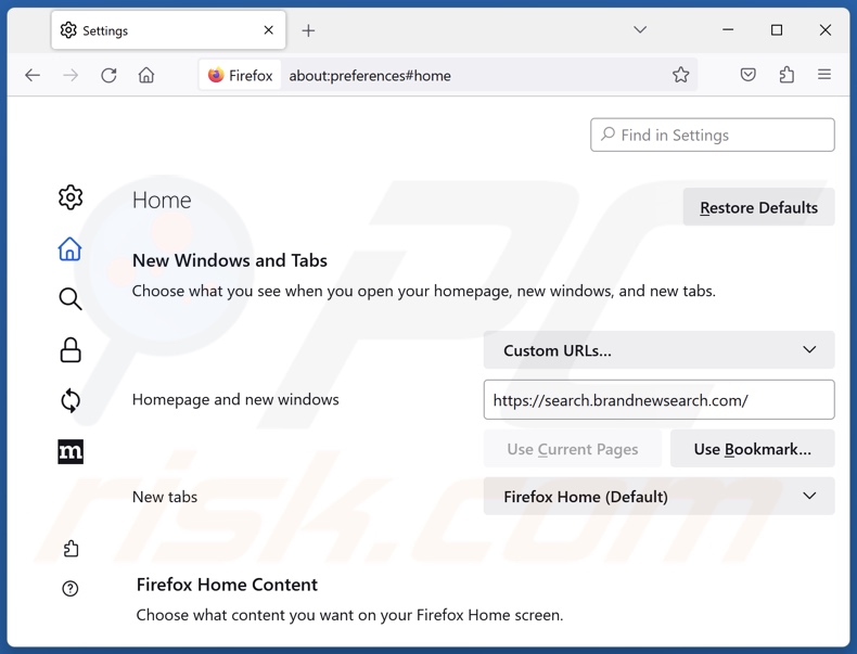Brandnewsearch.com verwijderen uit de startpagina van Mozilla Firefox