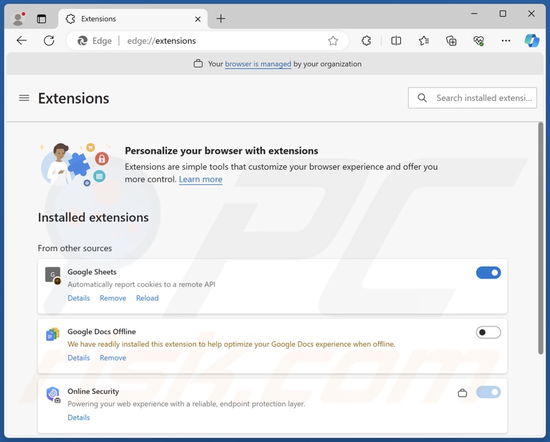 vervalste Google Sheets browserextensie op Edge