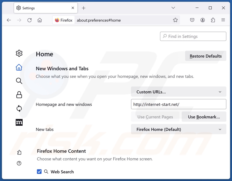 Internet-start.net verwijderen uit de startpagina van Mozilla Firefox