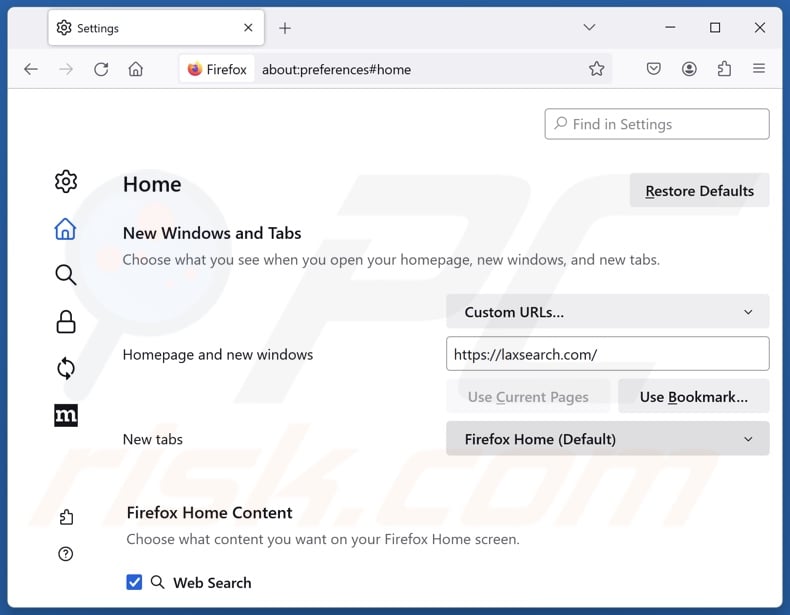 Verwijderen van laxsearch.com uit Mozilla Firefox startpagina