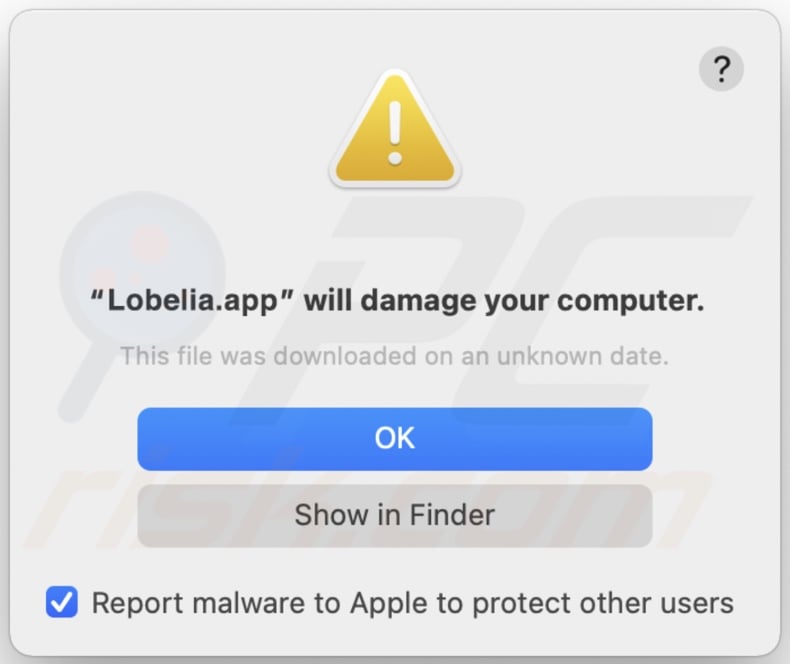 Pop-up die wordt weergegeven wanneer Lobelia adware wordt gedetecteerd op het systeem