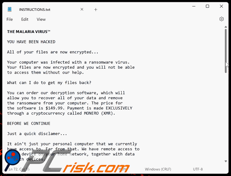 MALARIA VIRUS ransomware losgeldbrief (INSTRUCTIONS.txt) GIF