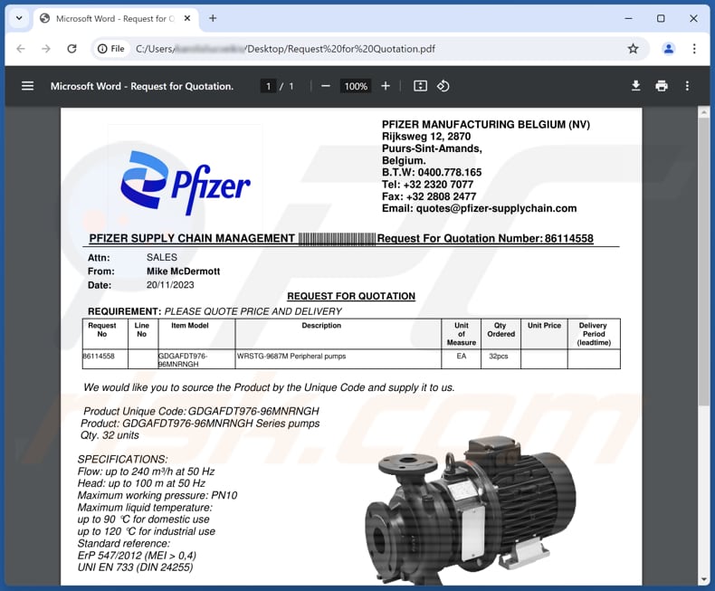 Pfizer Supply Email Scam phishing PDF vijfde variant