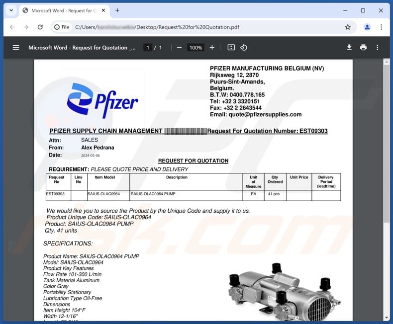 Pfizer Supply Email phishing PDF derde variant