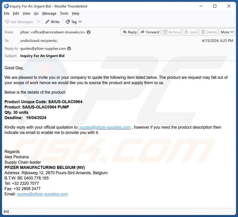 Pfizer Supply Email Zwendel tweede variant