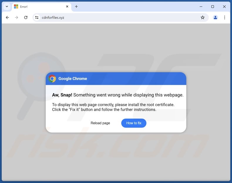 Initiële pop-up weergegeven door Please Install The Root Certificate oplichterij