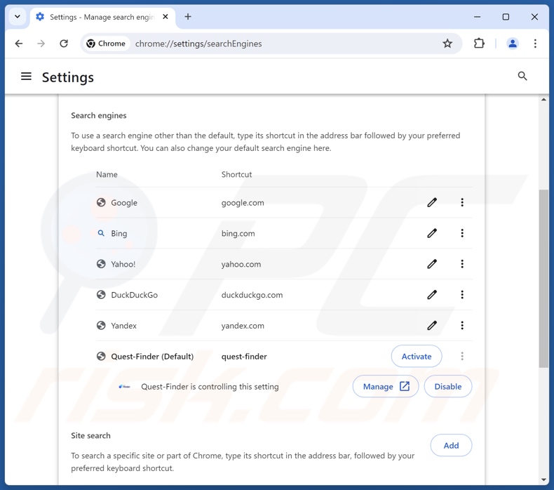 Quest-finder.com uit de standaardzoekmachine van Google Chrome verwijderen