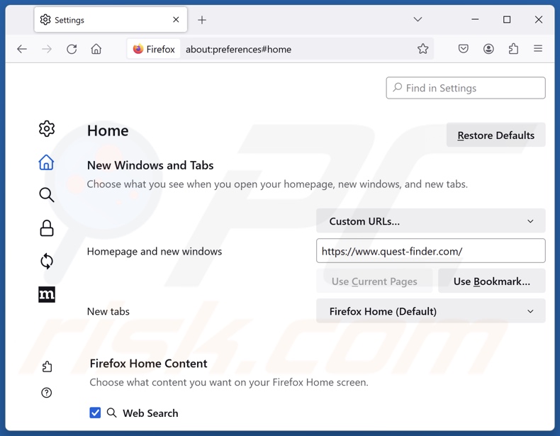 Quest-finder.com verwijderen uit de startpagina van Mozilla Firefox
