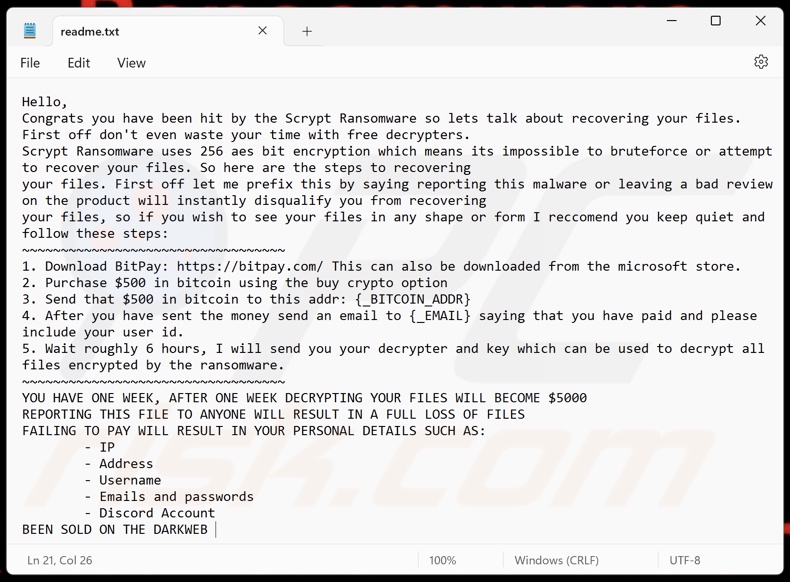 Scrypt ransomware losgeldbrief (readme.txt)
