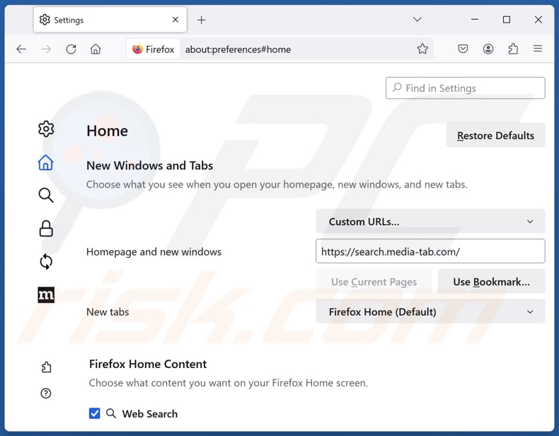 Search.media-tab.com uit de startpagina van Mozilla Firefox verwijderen