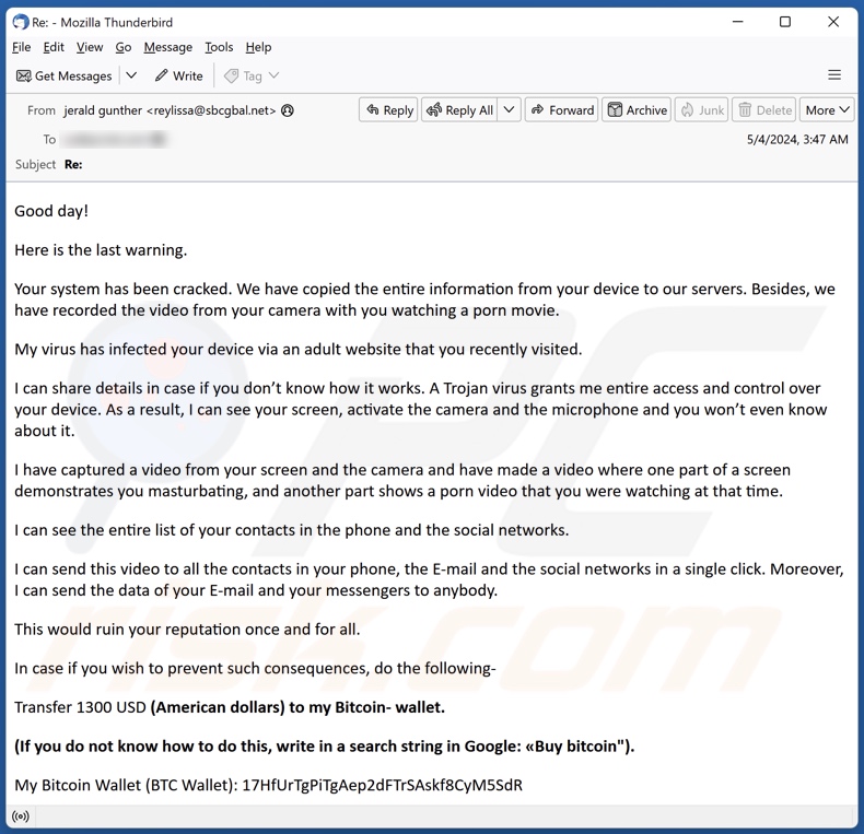 Your System Has Been Cracked spam e-mailcampagne