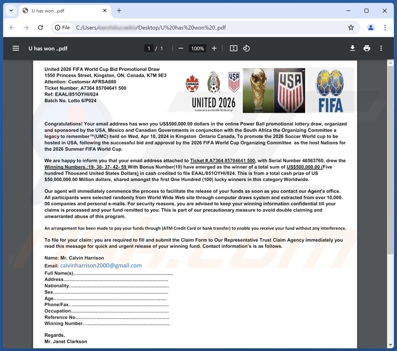 2026 FIFA World Cup Lottery bijlage bij zwendelmail