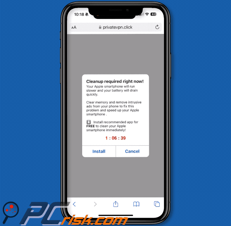 Cleanup Required Right Now! Pop-upzwendel iPhone-variant (GIF)