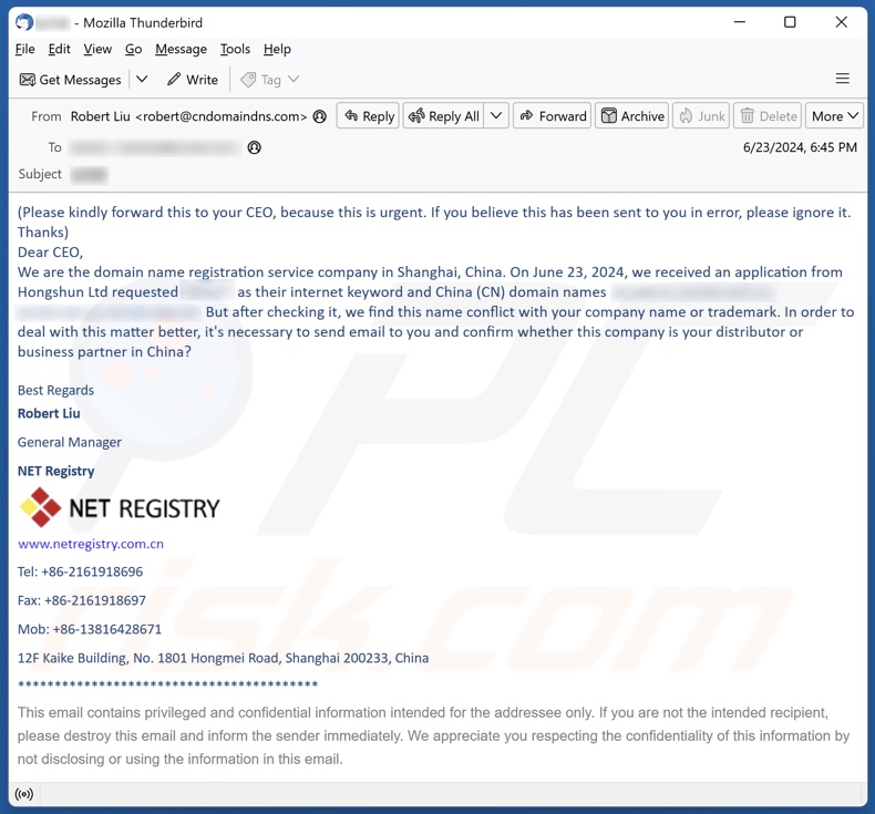 Conflict With Your Company Name Or Trademark Oplichtingsmail een andere variant