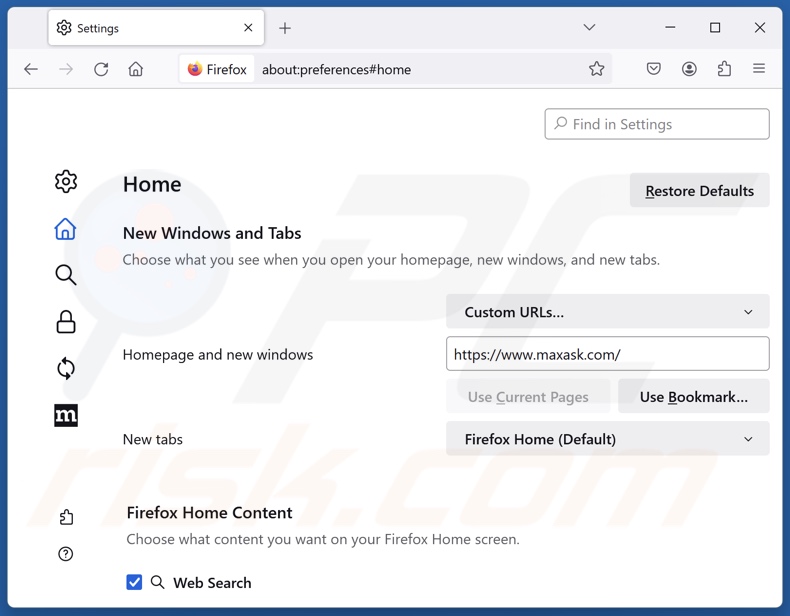 Maxask.com verwijderen uit de startpagina van Mozilla Firefox