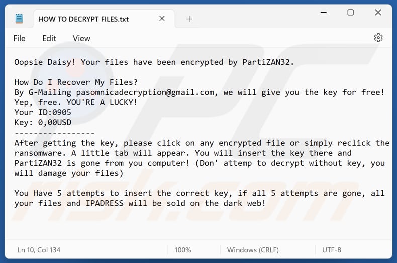PartiZAN32 ransomware tekstbestand (HOW TO DECRYPT FILES.txt)