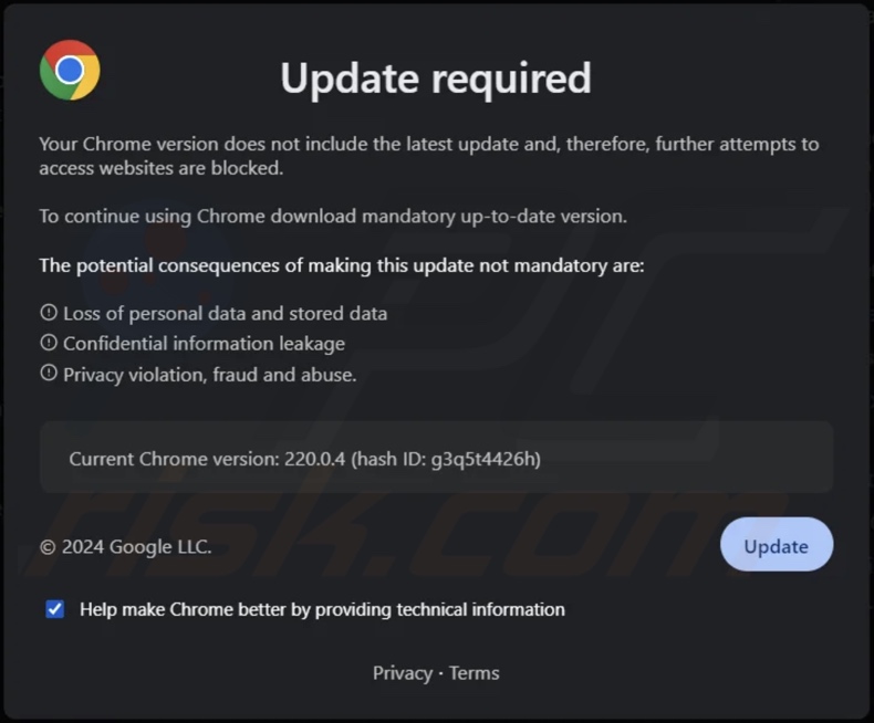 Your Chrome Version Does Not Include The Latest Update pop-up oplichterij