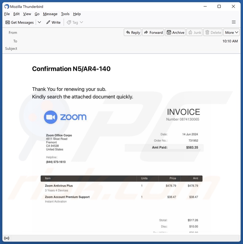 Zoom Antivirus Plus Subscription spam e-mailcampagne